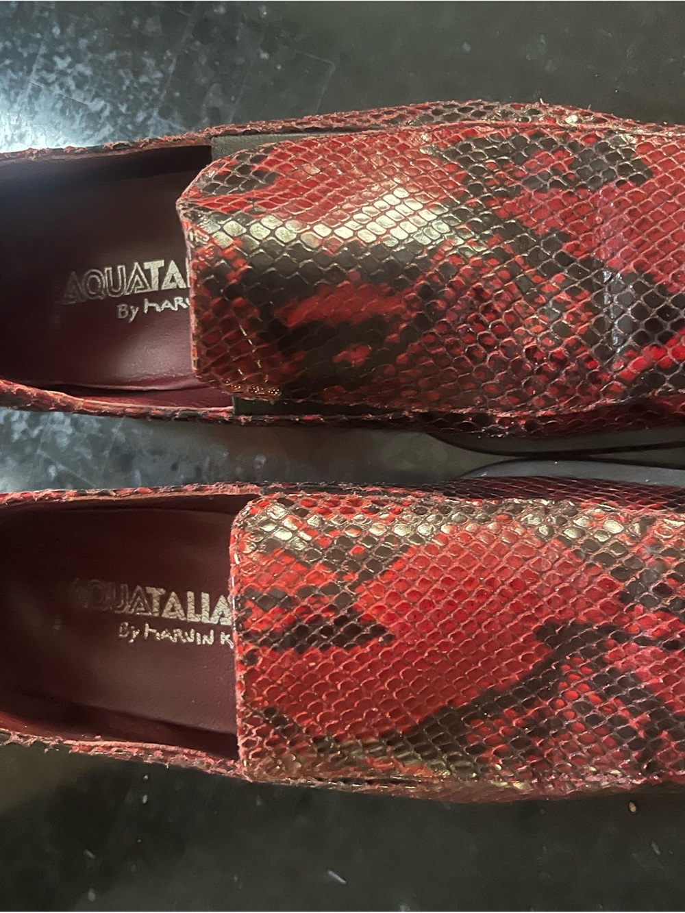 Aquatalia Red and Black Snakeskin Slip-On Loafers